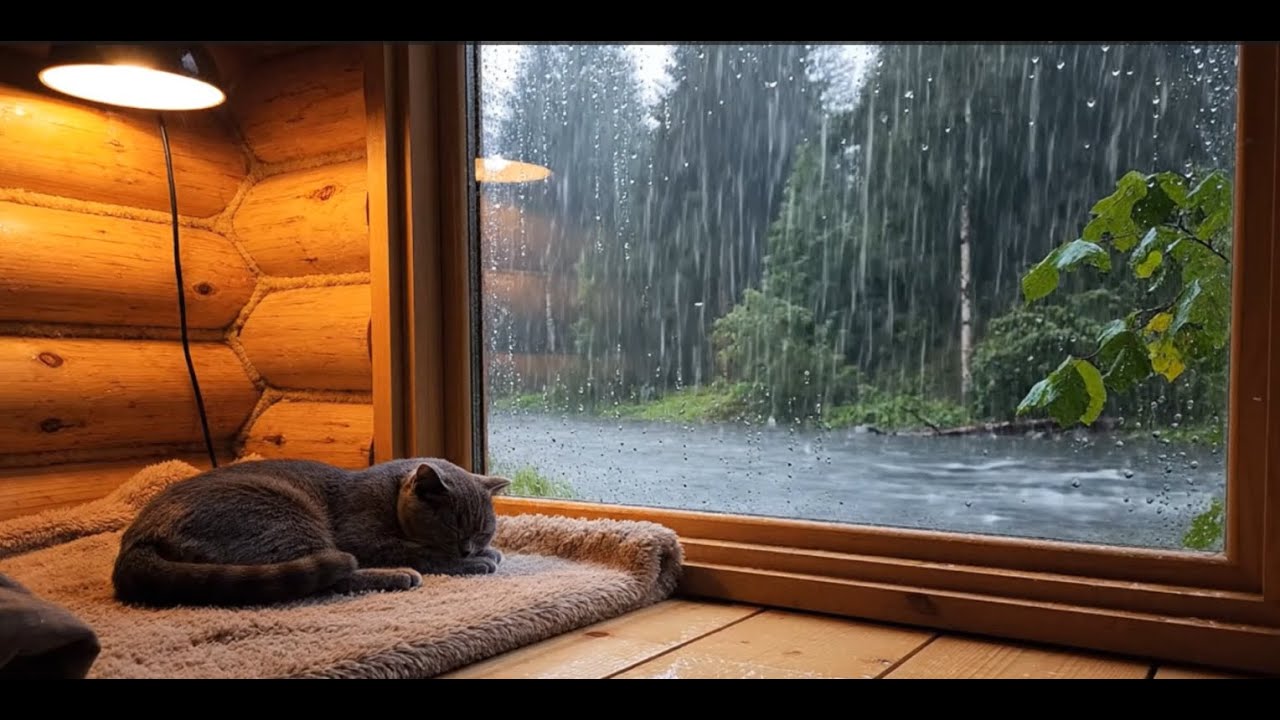 heavy rain cozy cabin sleeping cat white noise 2 hours #whitenoise #rainsounds #asmr #cat #youtube