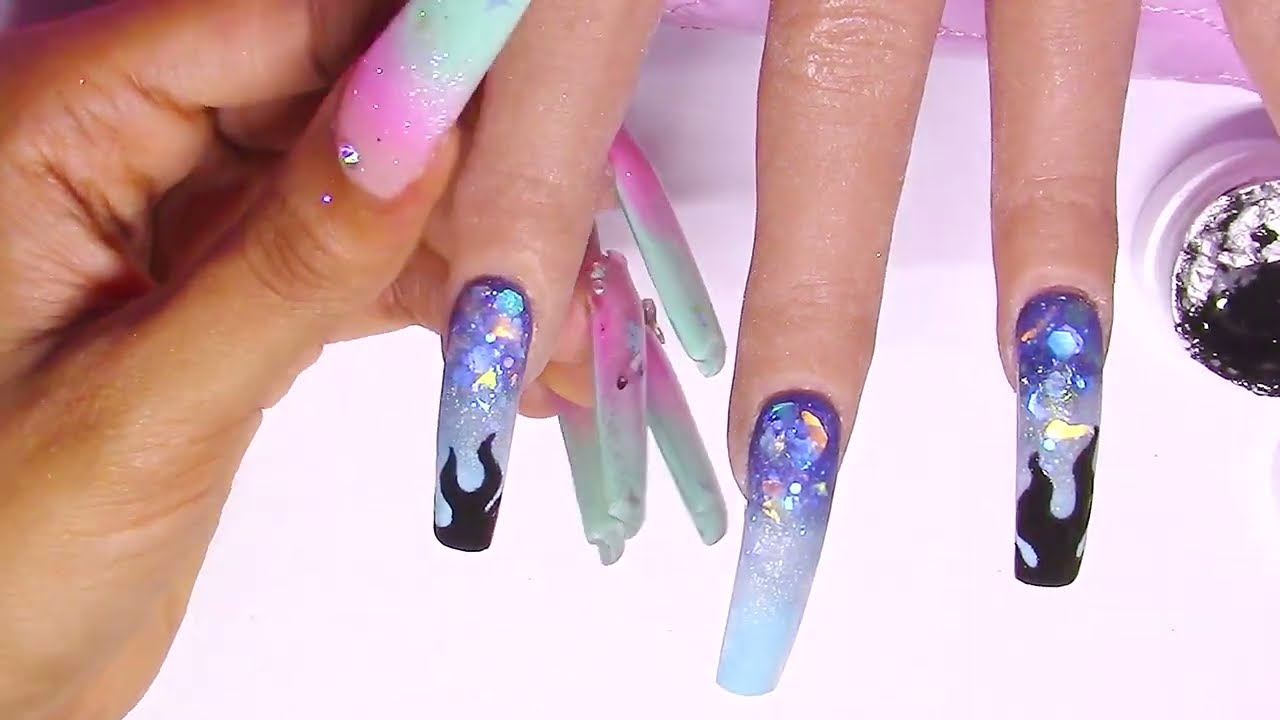 Holo Hand Painted Flames 3 Color Ombré Nails How To Tutorial Easy for Beginners