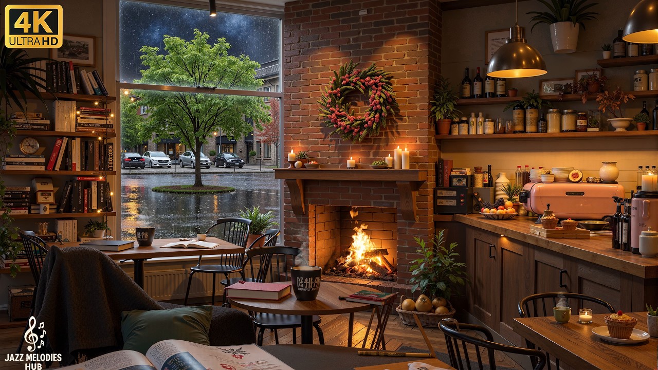 Cozy Rainy Night Brick Café - Instrumental Jazz, Fireplace & Gentle Rain Ambience for Reading & Tea