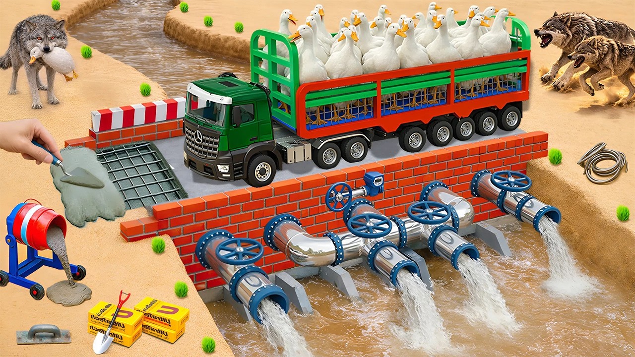 Wolves Destroy the Bridge — Duck Truck Falls! Rebuilding a Strong Brick Bridge with Water Drainage