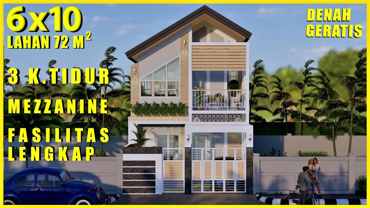 DESAIN RUMAH MINIMALIS SEDERHANA 6X10 M - MEZZANINE - 3 KAMAR TIDUR - SPLIT LEVEL - LAHAN 6X12
