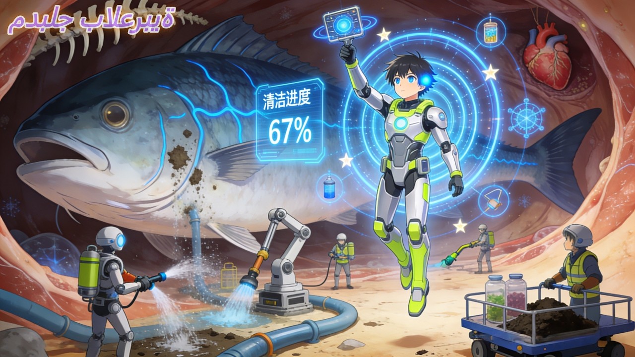 أعمل منظفًا داخل سمكة عملاقة، أسمع أفكارها وأحصل على مكافآت هائلة