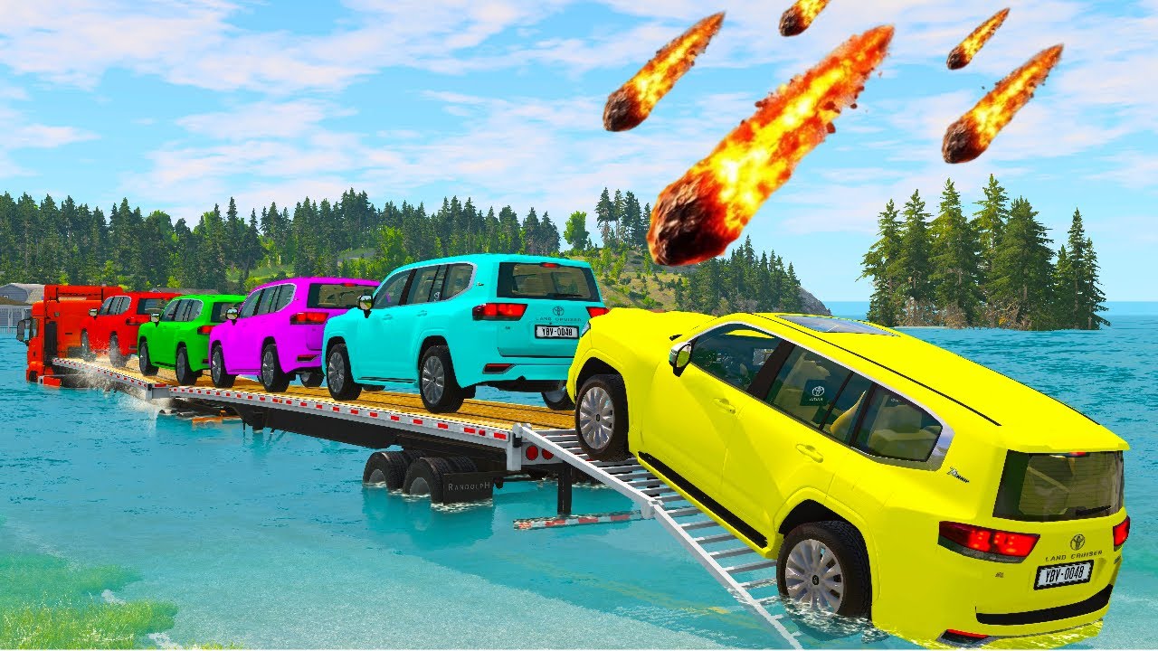 Triple Flatbed Trailer McQueen Transportation with Truck - Speedbumps vs Cars vs Train - BeamNG #2