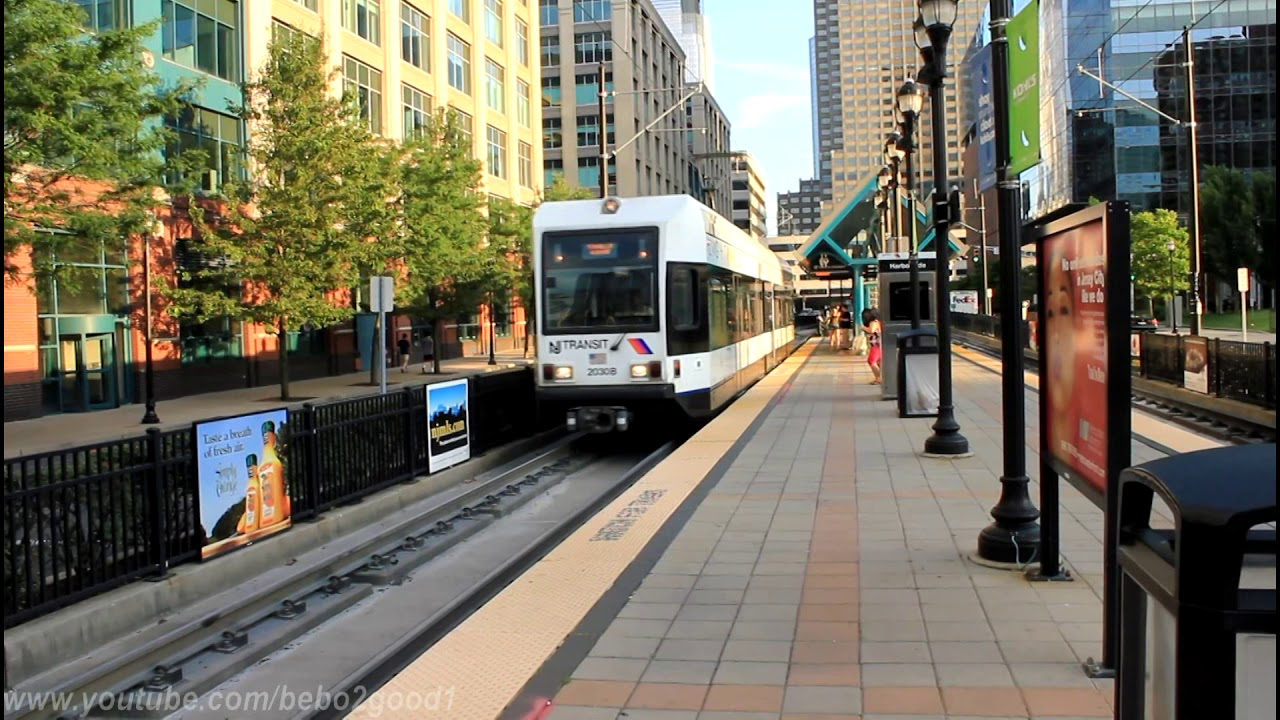 NJT HBLR: 3 LRT trains (Kinki Sharyo Cars) at Harborside Financial Center