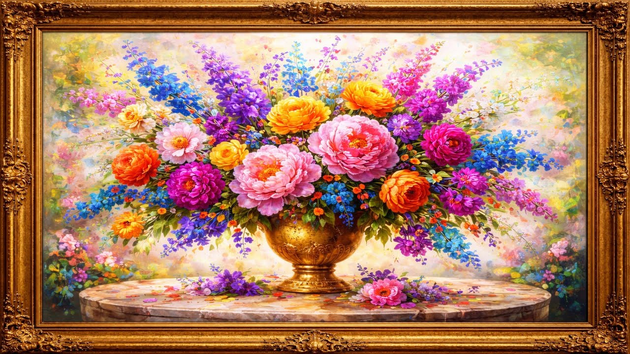 Hyper-Color Floral Masterpiece | Elegant Oil Painting for TV Ambience (4K)