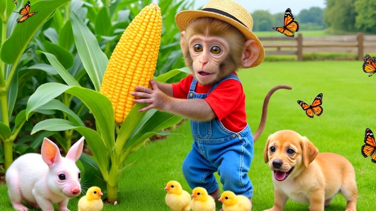 Monkey Rico drives a big red tractor carrying green apples and gets stuck in the deep water 🚜🍏💦