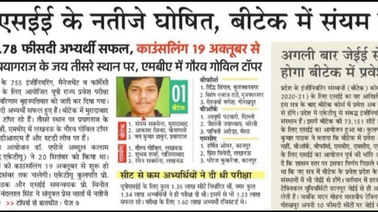 UPSEE entrance exam result 2020 UPTU ENTRANCE EXAM 2020 UPSEE RESULT 2020