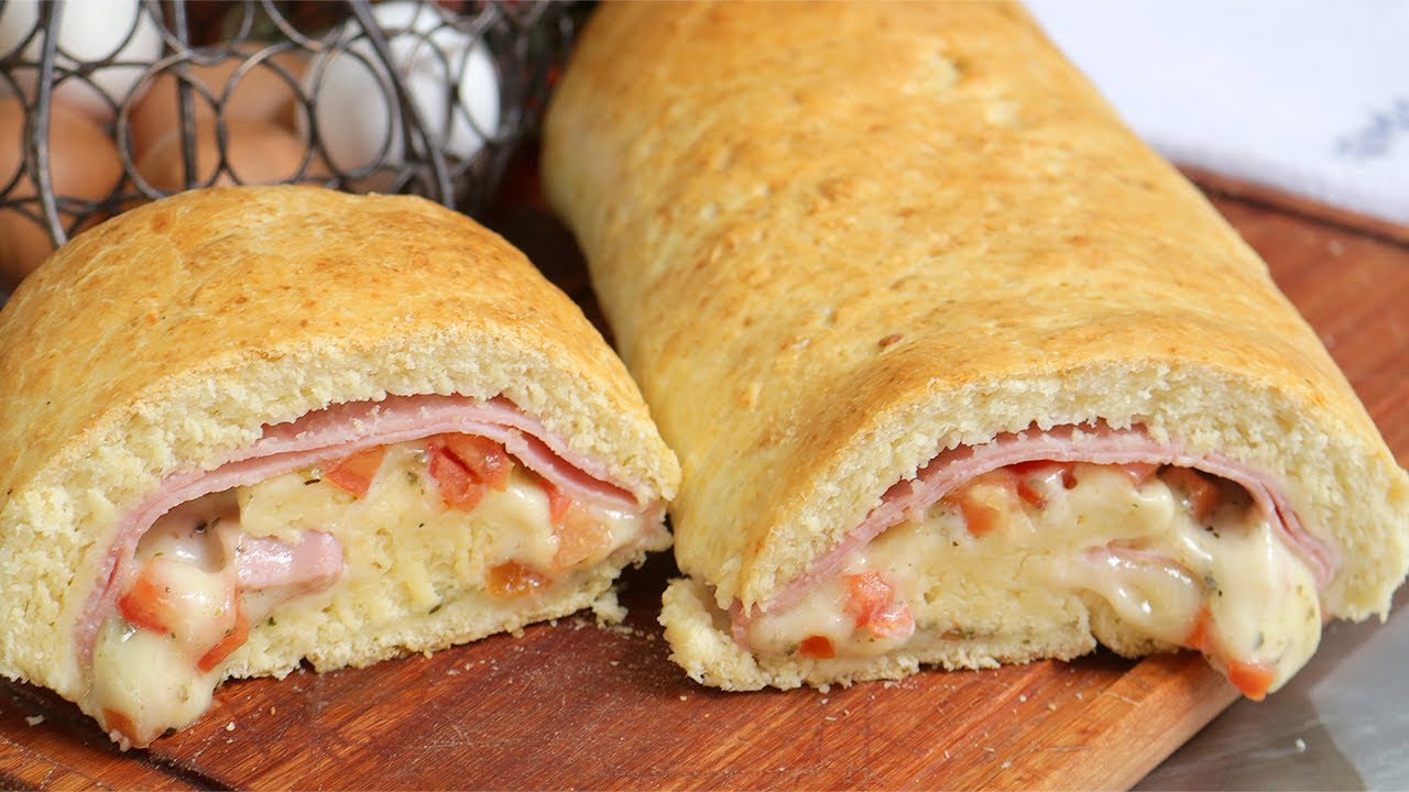 ROCAMBOLE SALGADO GOSTOSO DE PRESUNTO E QUEIJO COM FERMENTO DE BOLO - SEM DESCANSO! FÁCIL DE FAZER