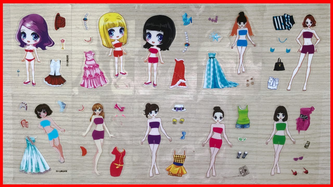 Hình dán thẻ búp bê mini, 60 bộ váy đầm phụ kiện - Princess dress up sticker (Chim Xinh channel)
