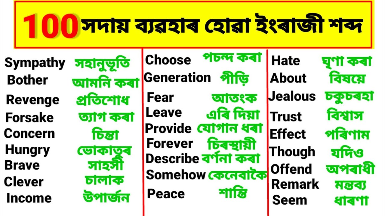 100 most common english words with assamese meaning || word meaning ||🙏🙏