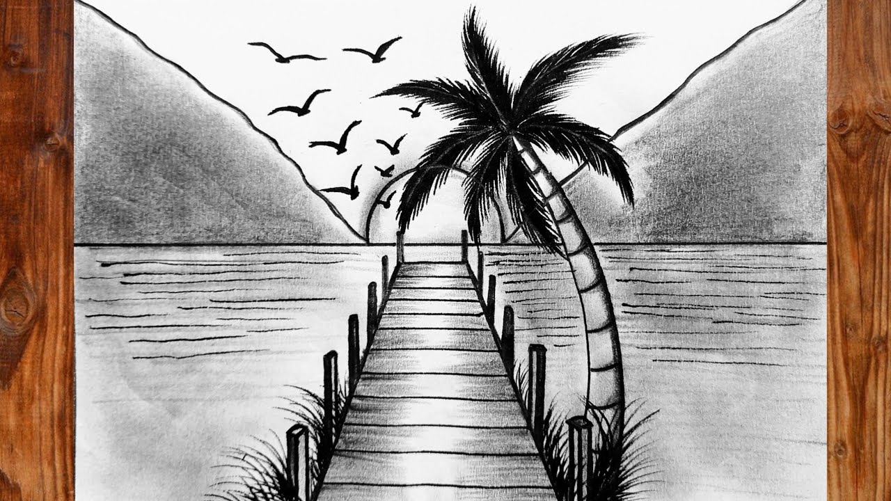 Pencil Drawing of Beautiful Landscape | Sunset Scenery Nature Drawing | Pencil Drawing for Beginners