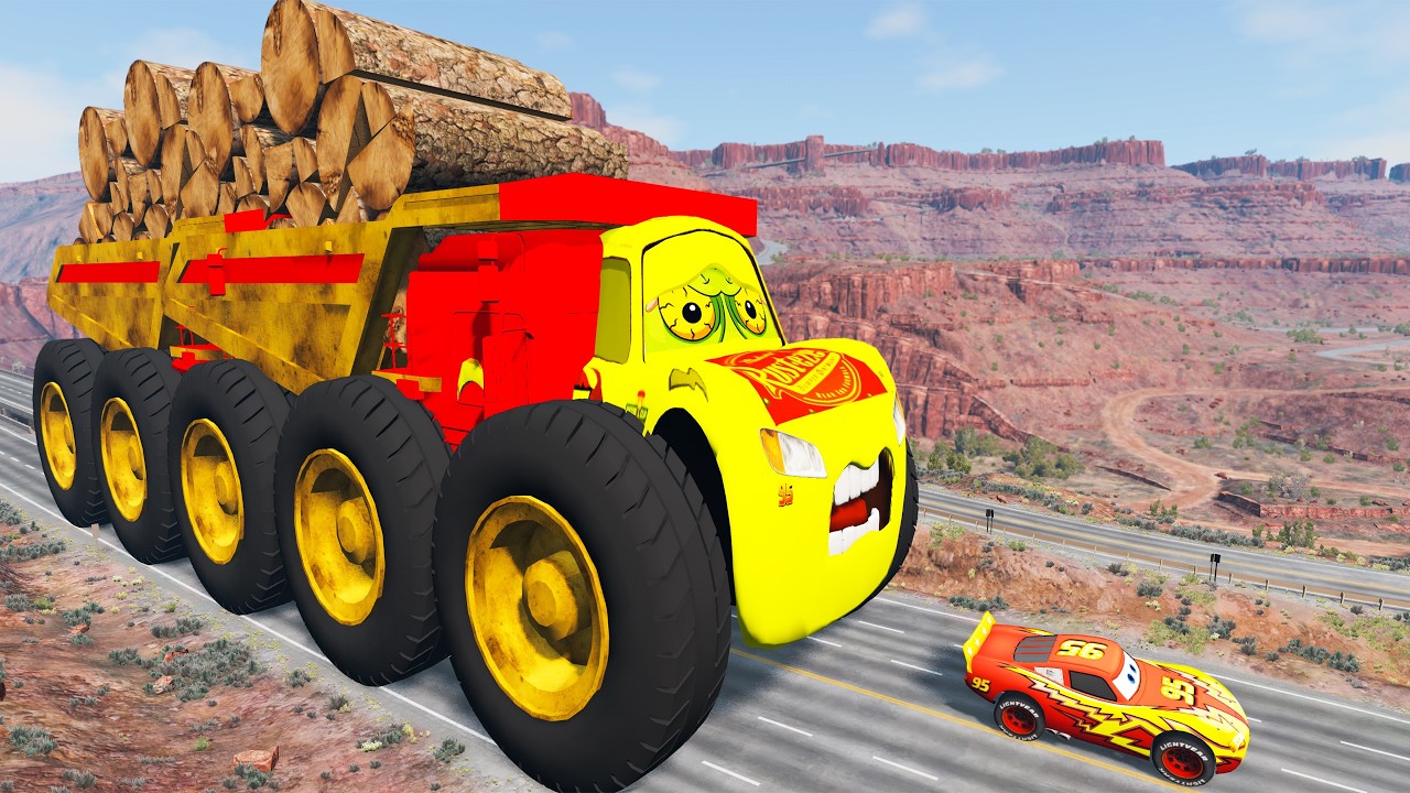 Giant LOGS DUMP TRUCK McQueen Eater VS Cars Lightning McQueen Escape Monster Beamng Drive