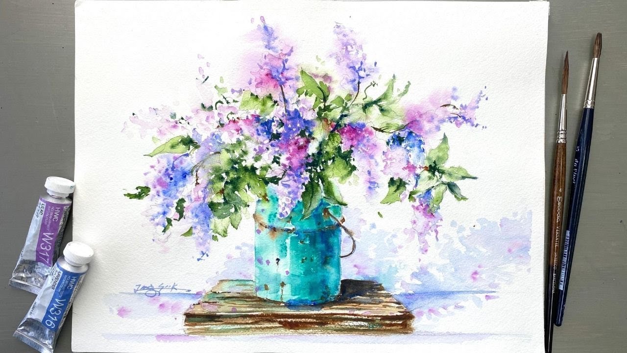 Lilac in a Vase-Watercolor Painting Flowers -Tutorial for Beginner Step by Step