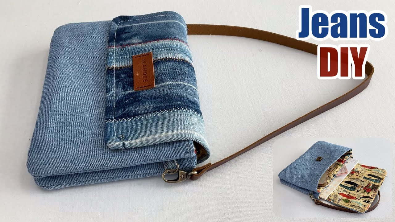Denim patchwork into mini shoulder bag ,How to sew denim pouch bag from scraps old jeans size