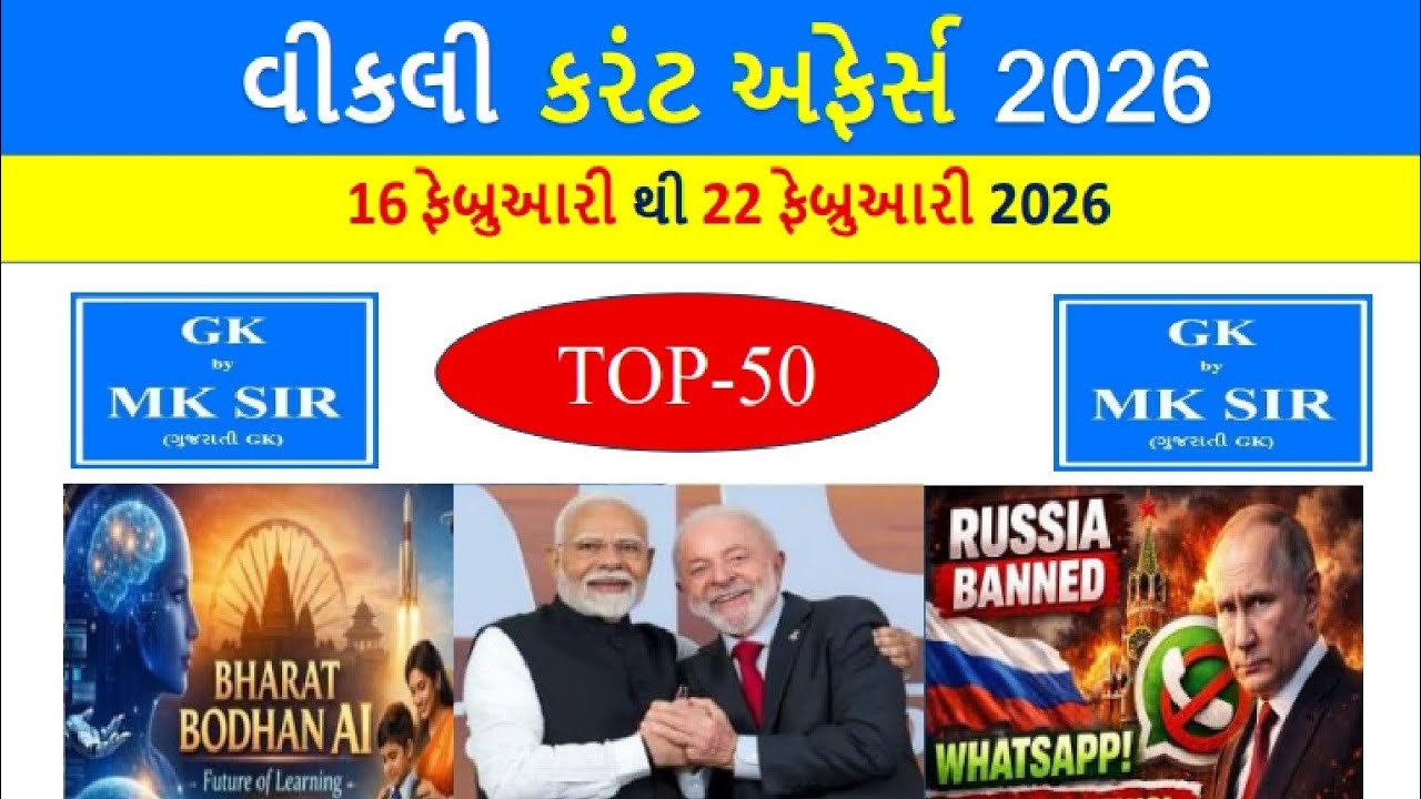 Weekly Current Affairs Gujarati | 16 February to 22 February 2026 | CCE AEI STI Police | Gujarati GK