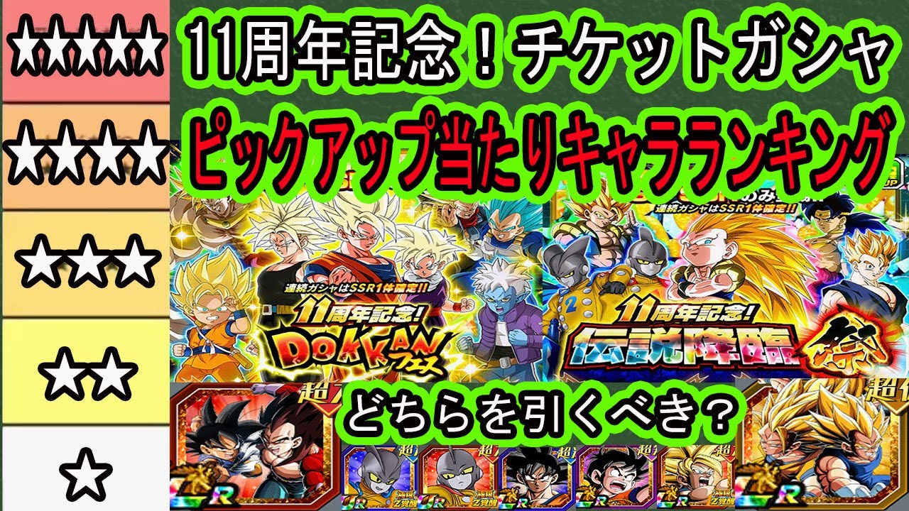 【ドッカンバトル】11周年記念！「ドッカンフェス」「伝説降臨祭」チケットガシャピックアップ当たりキャラランキング！当たりキャラは？どちらを引くべき？かなり美味しい？神チケットガシャ？