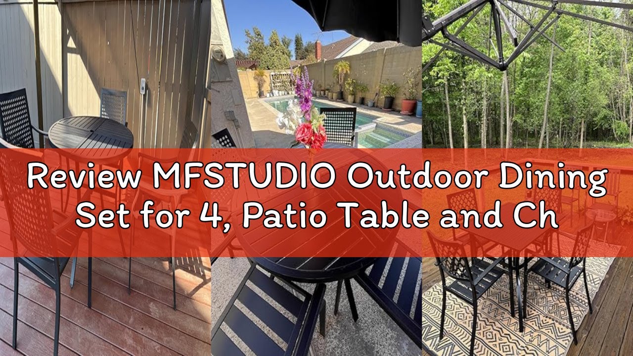 Review MFSTUDIO Outdoor Dining Set for 4, Patio Table and Chairs Set with Umbrella Hole, Metal Patio