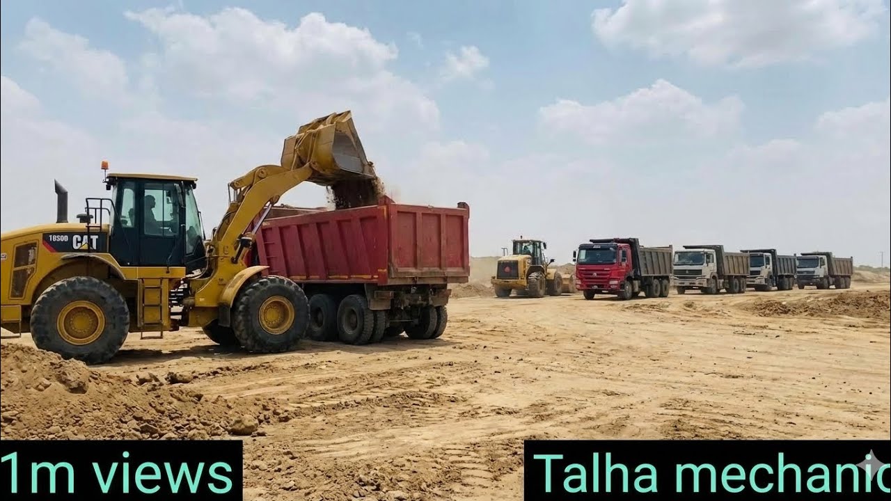 Caterpillar loader loading the truck five truk and two caterpillar  black stone 🪨