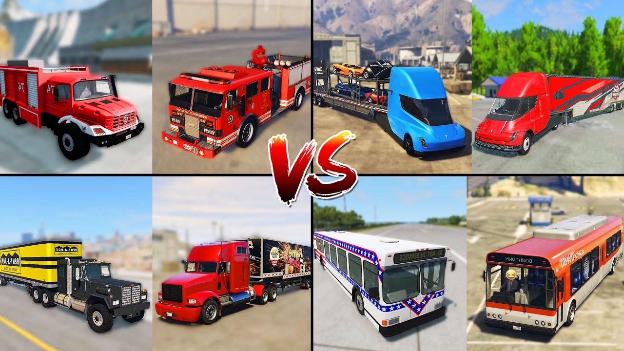 GTA V Truck Vs Tesla sami Truck Vs Bus Vs Fire Truck BeamNG Vs GTA 5