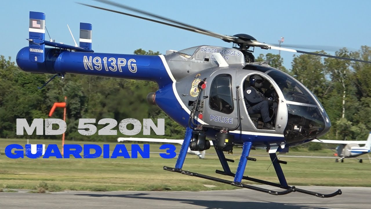 PGPD MD 520N police helicopter engine start, takeoff and landing N913PG