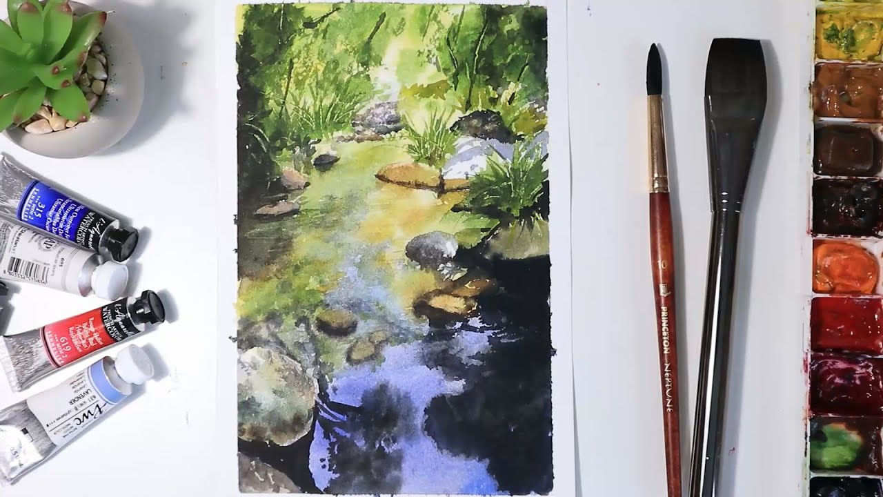 Watercolor Painting | Garden Trees Lake