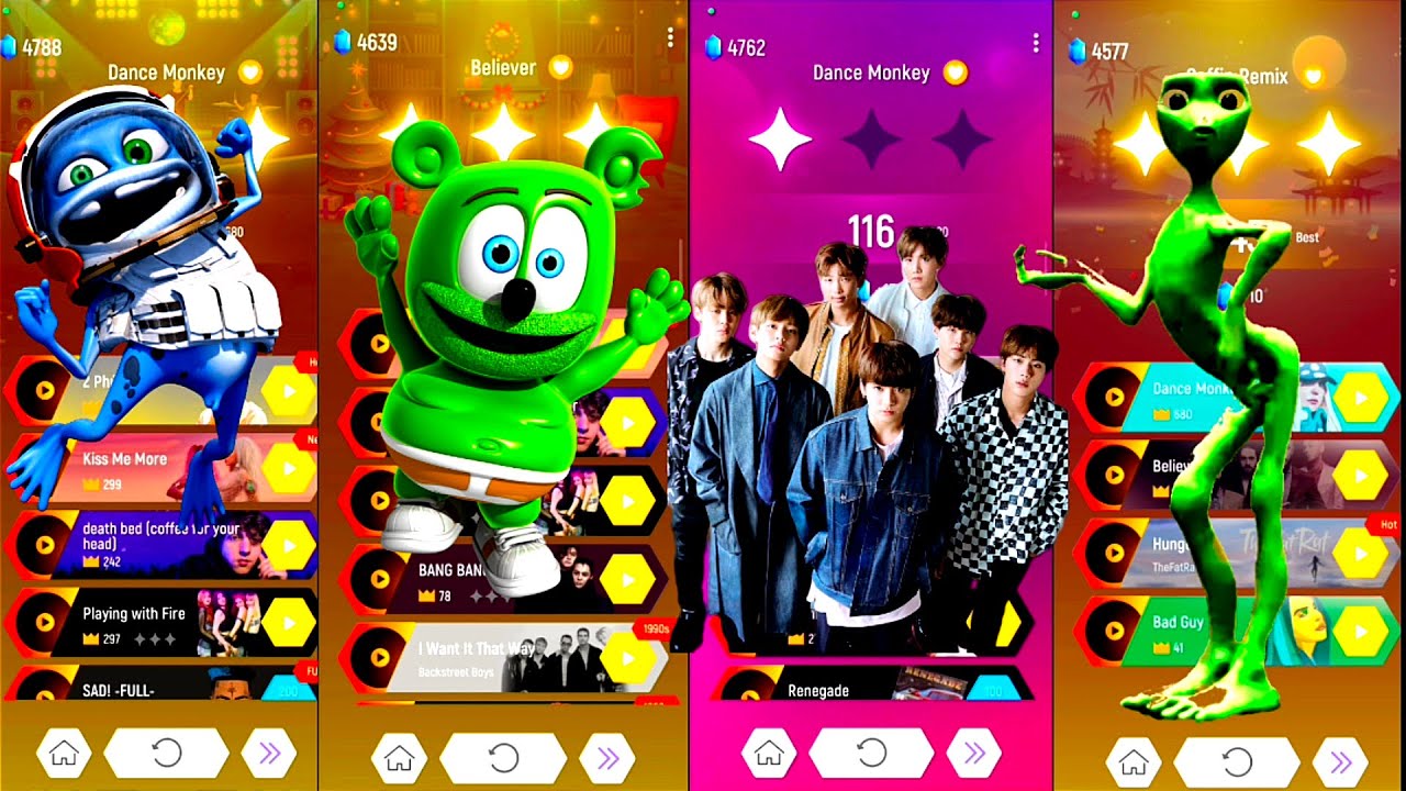 Crazy Frog 🆚 Gummy Bear 🆚 BTS 🆚 Dame Tu Cosita in Tiles hop