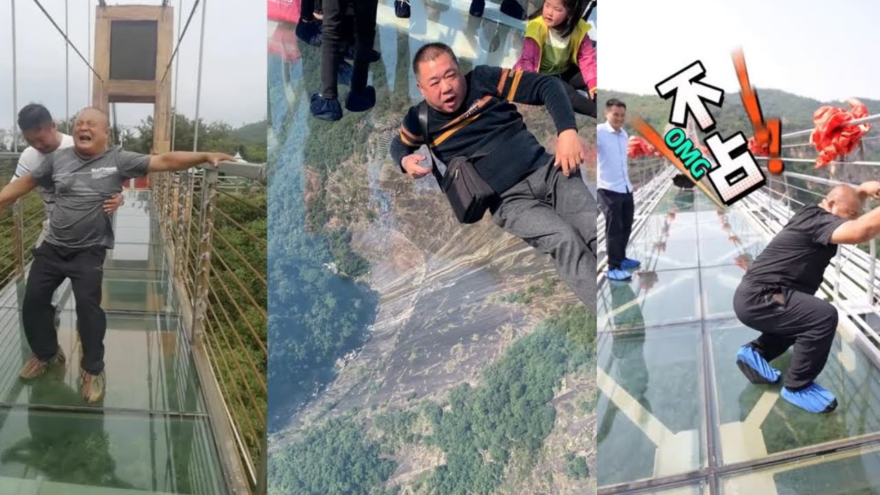 People are terrified to cross glass bridge | Glass bridge crack effect | Glass bridge funny moments