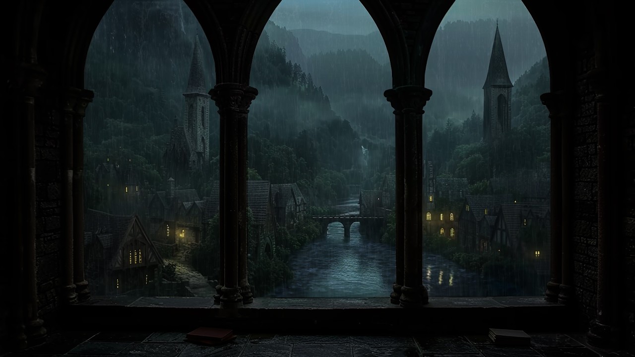 Heavy Rain & Thunder at Castle Window 🌧️ Beat Insomnia, Study Better & Sleep Deep