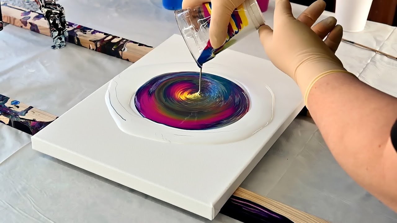 (910) Ring pour and Skewer swipe ~ Acrylic painting with Primary colours ~ Fluid art ~ Art Theraphy