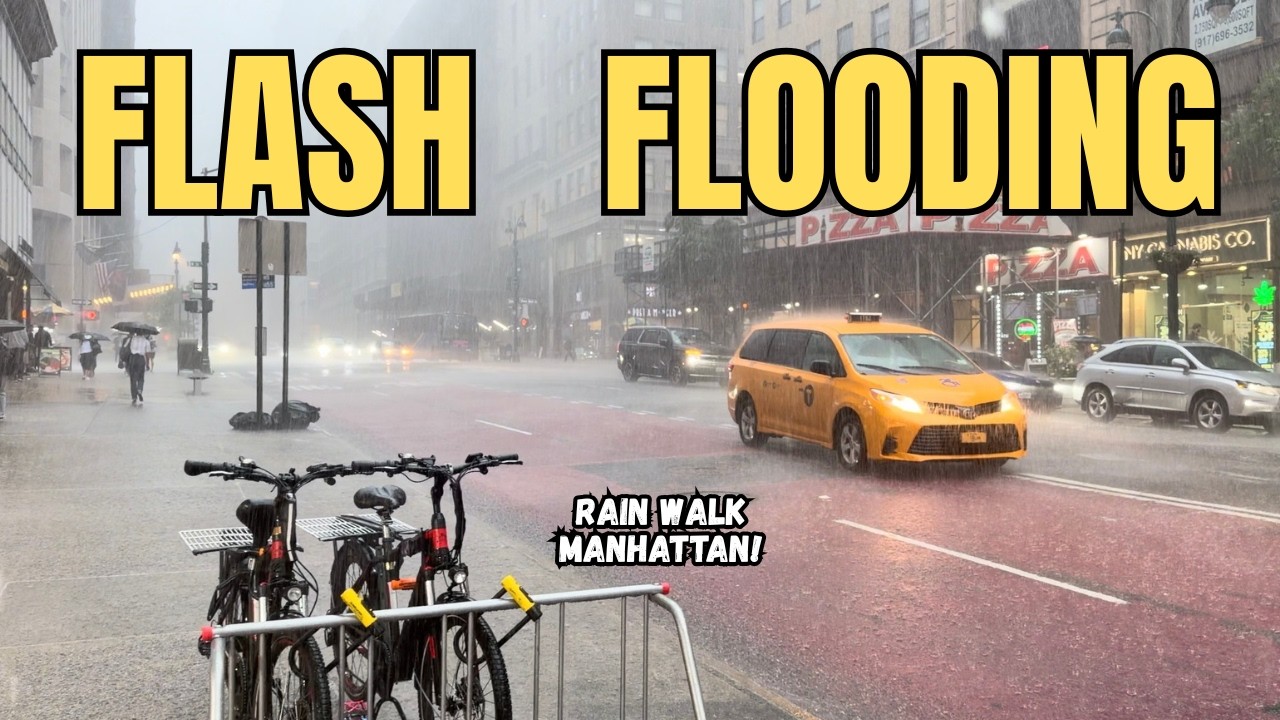 Walking NYC Heavy Rain & THUNDERSTORMS - Flash Flooding Midtown Manhattan | Rain Walk 4K