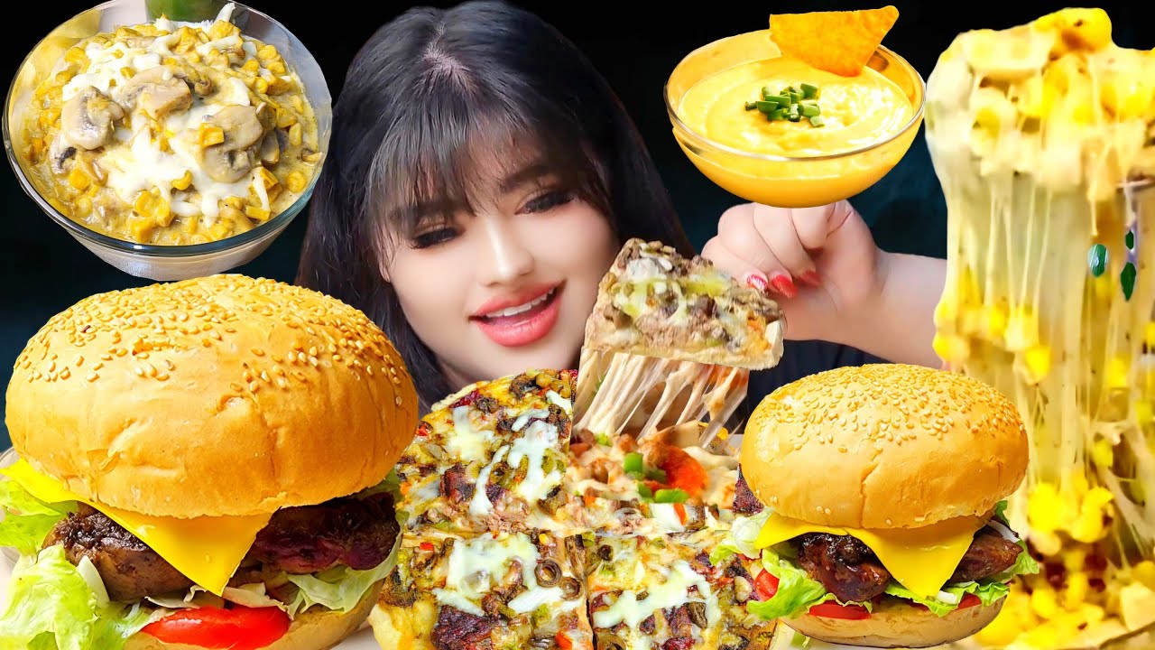ASMR Mukbang Burgers, Pizza & Cheesy Corn | Crunchy Mukbang Eating Sounds