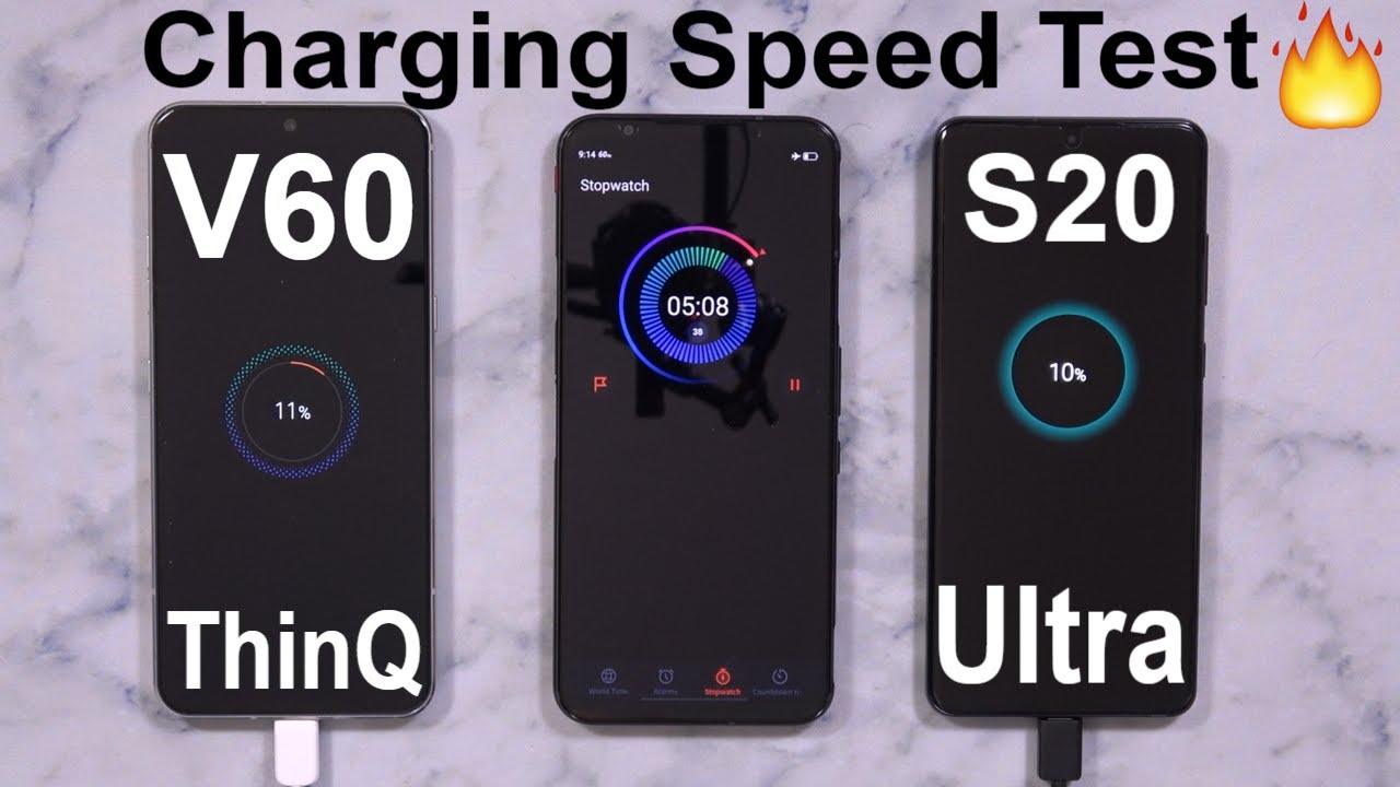 Тест скорости зарядки Samsung Galaxy S20 Ultra против LG V60 ThinQ 5G (зарядные устройства 5000 м...