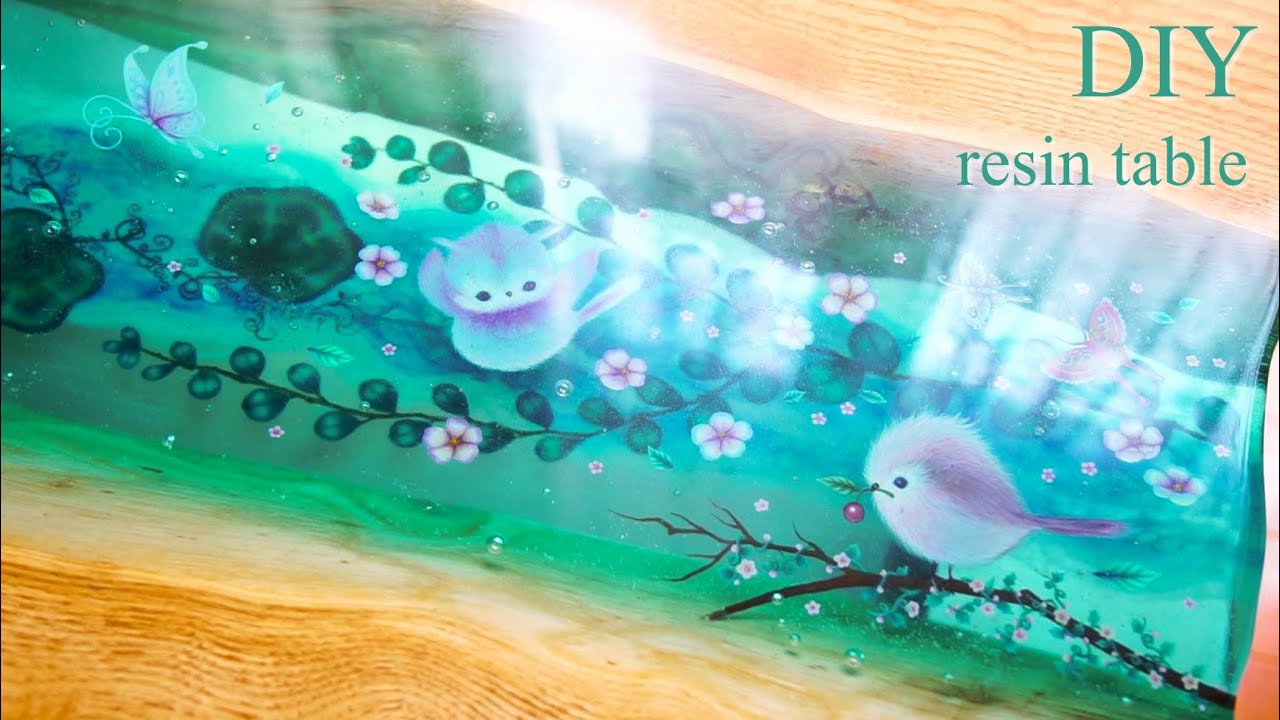 ウッドレジンテーブル＊作り方＊アクリル絵の具でかわいくトールペイント♡Epoxy resin * River table * Wood resin *Tole painting*DIY♡