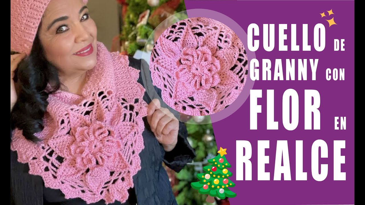 CÓMO TEJER UN CUELLO CON UNA FLOR EN REALCE EN GANCHO O CROHET🌺🌺🌺 IDEAL PARA ESTE INVIERNO #bufanda