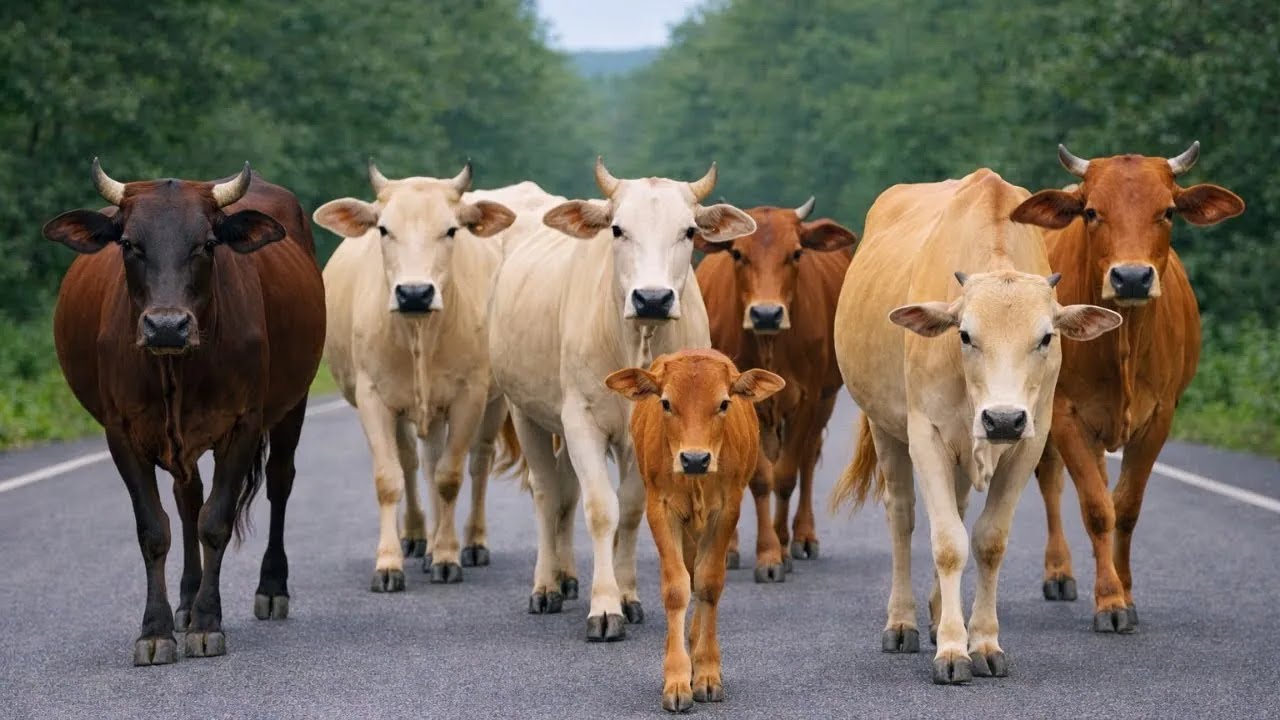 Puluhan sapi lembu jinak di desa berjalan dengan tenang melewati bukit menuju ke ladang