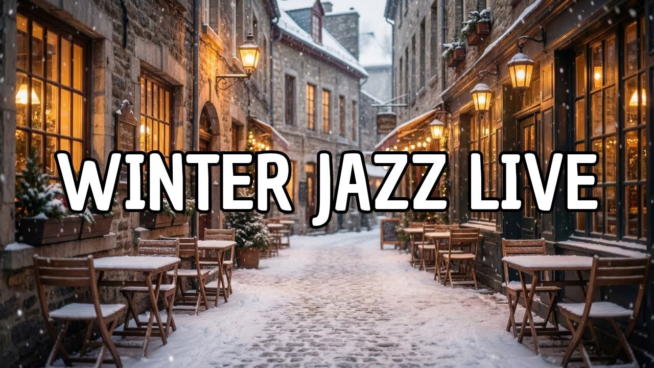 🔴 LIVE ❄️ Cozy Winter Jazz Café | Snowy Street Ambience for Relax & Focus