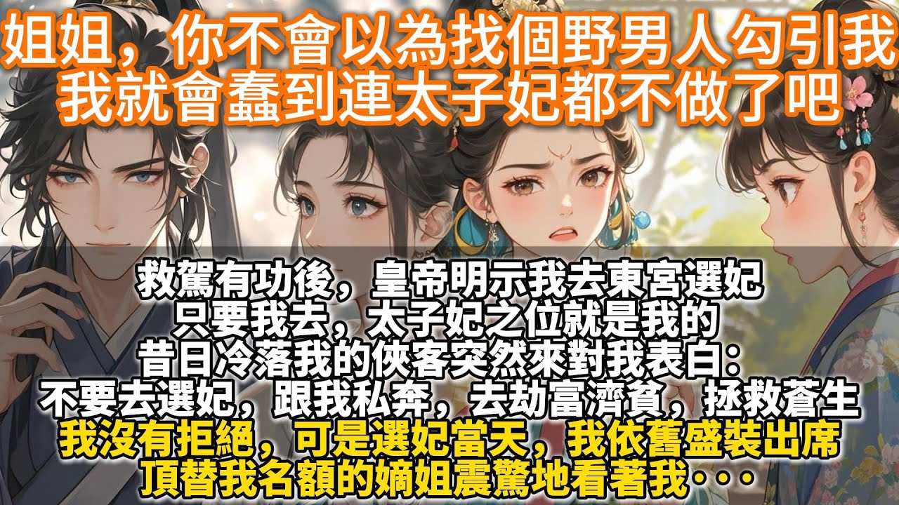 完結爽文：姐姐，你不會以為找個野男人勾引我，我就會蠢到連太子妃都不做了吧？救駕有功後，皇帝明示我去東宮選妃，只要我去，太子妃之位就是我的。昔日冷落我的俠客突然對我表白：不要去選妃，跟我私奔，去劫富濟貧