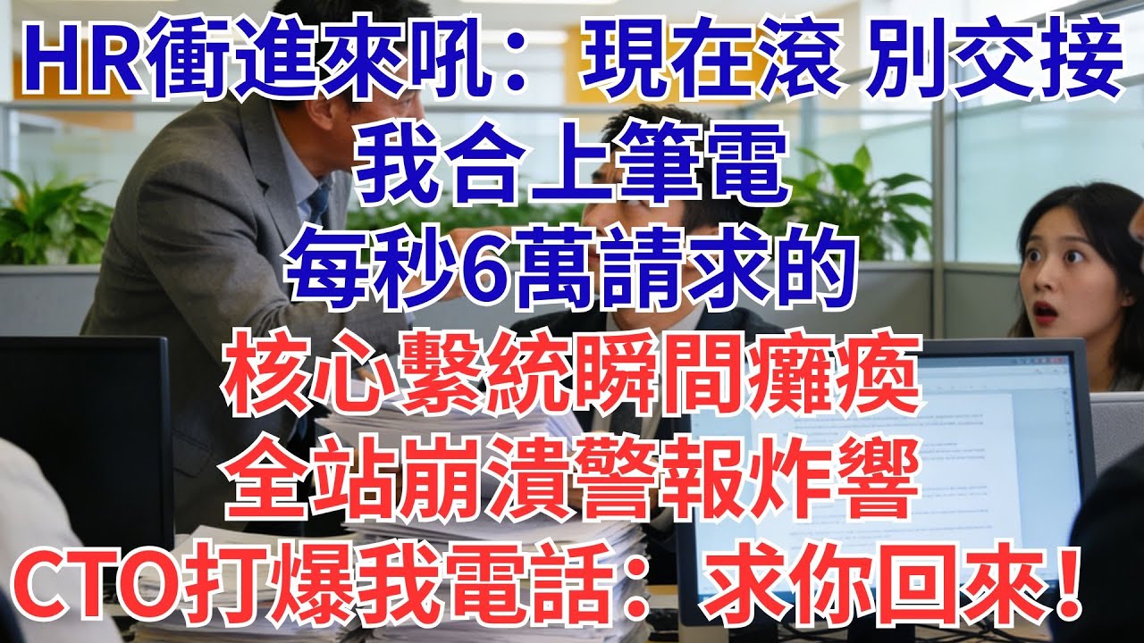 HR衝進來吼：「現在滾，別交接！」我合上筆電——每秒6萬請求的核心繫統瞬間癱瘓！全站崩潰警報炸響，CTO打爆我電話：「求你回來！」#為人處世#生活經驗#職場#爽文