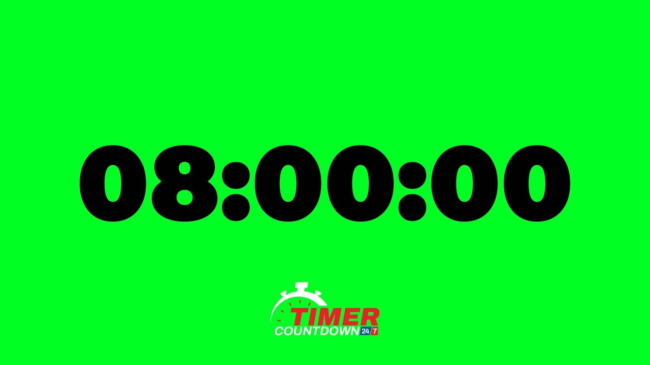 8 Hour Green Screen Timer | Black Text Countdown with Alarm