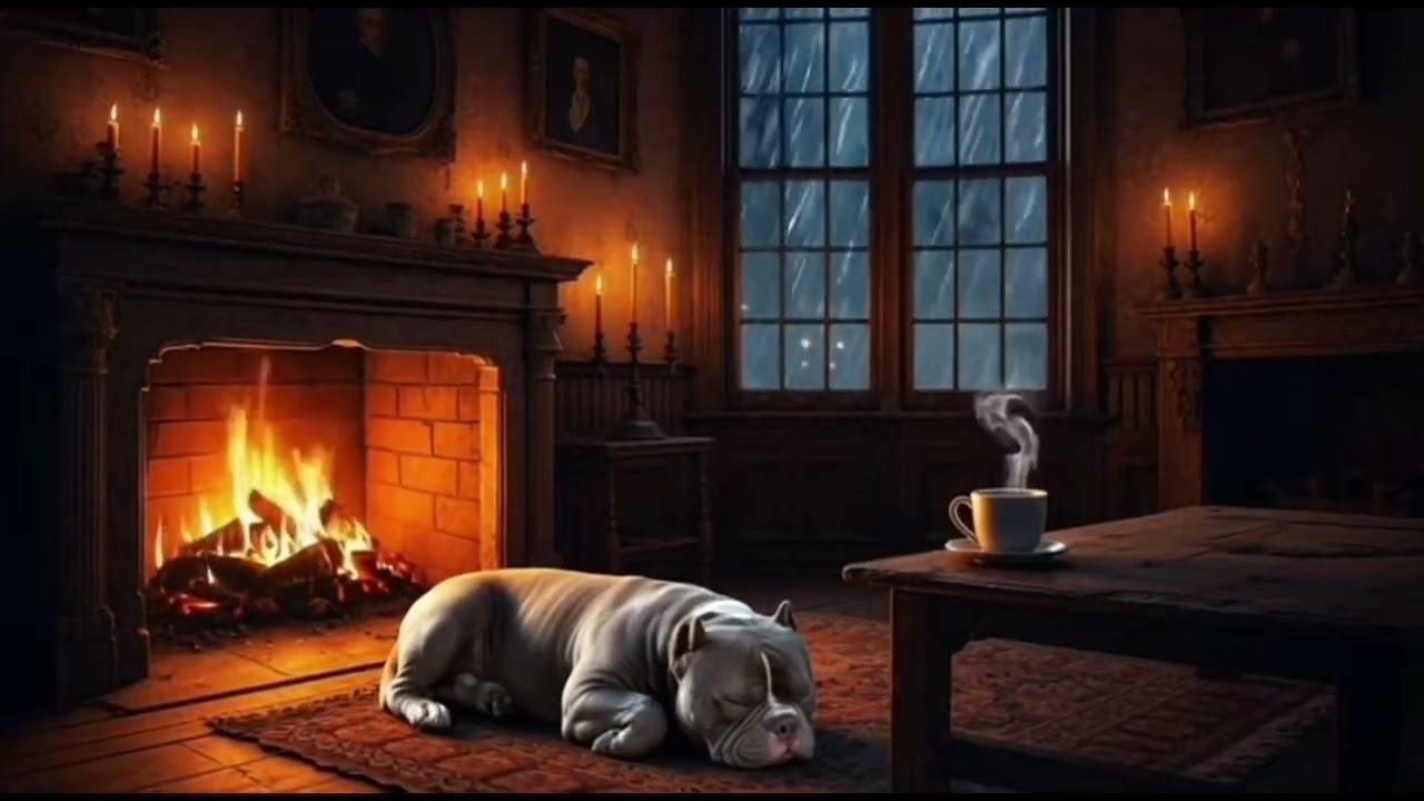 Cozy Gothic Fireplace ASMR 🔥 Sleeping Dog, Crackling Fire & Candlelight Ambience (No Talking)