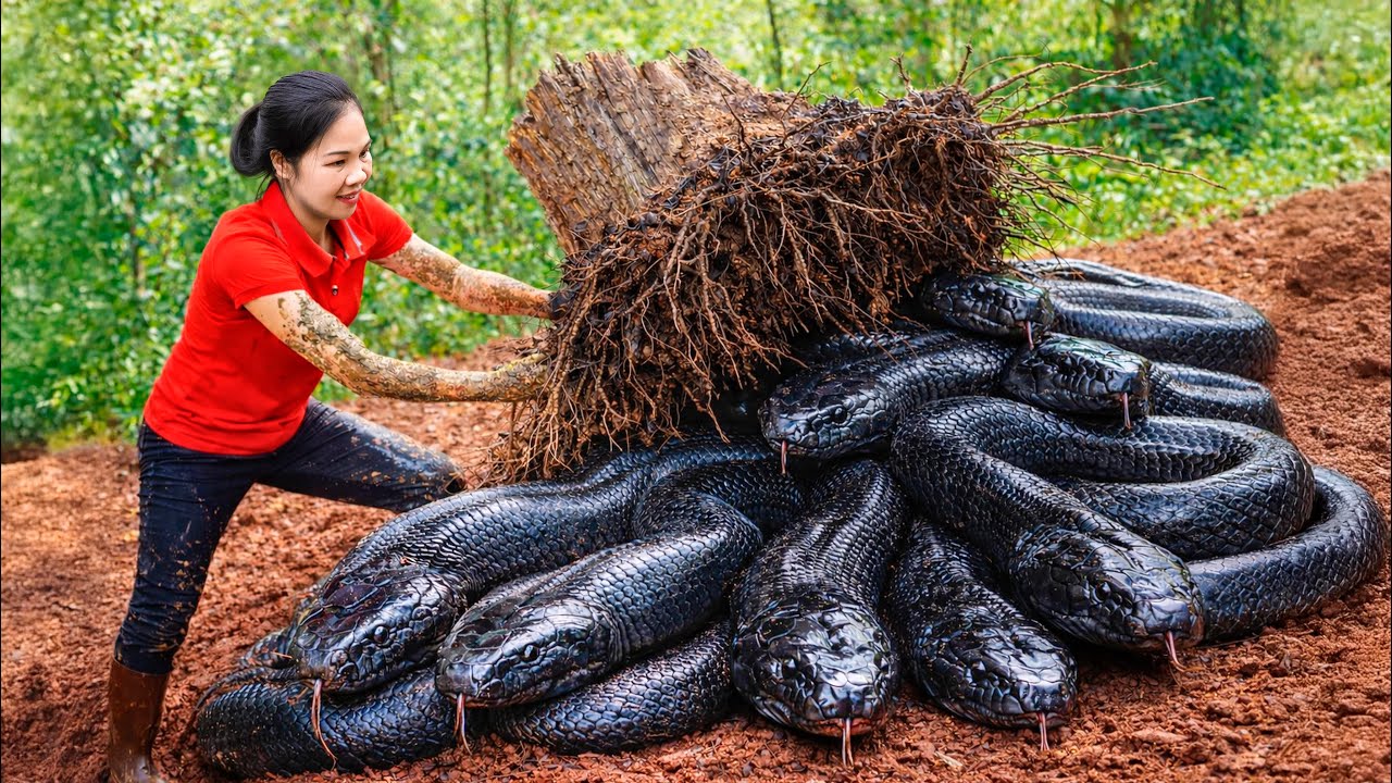 Shocking! Harvest 100 year old Giant Python & Go to Market Sell - python hidden under tree roots