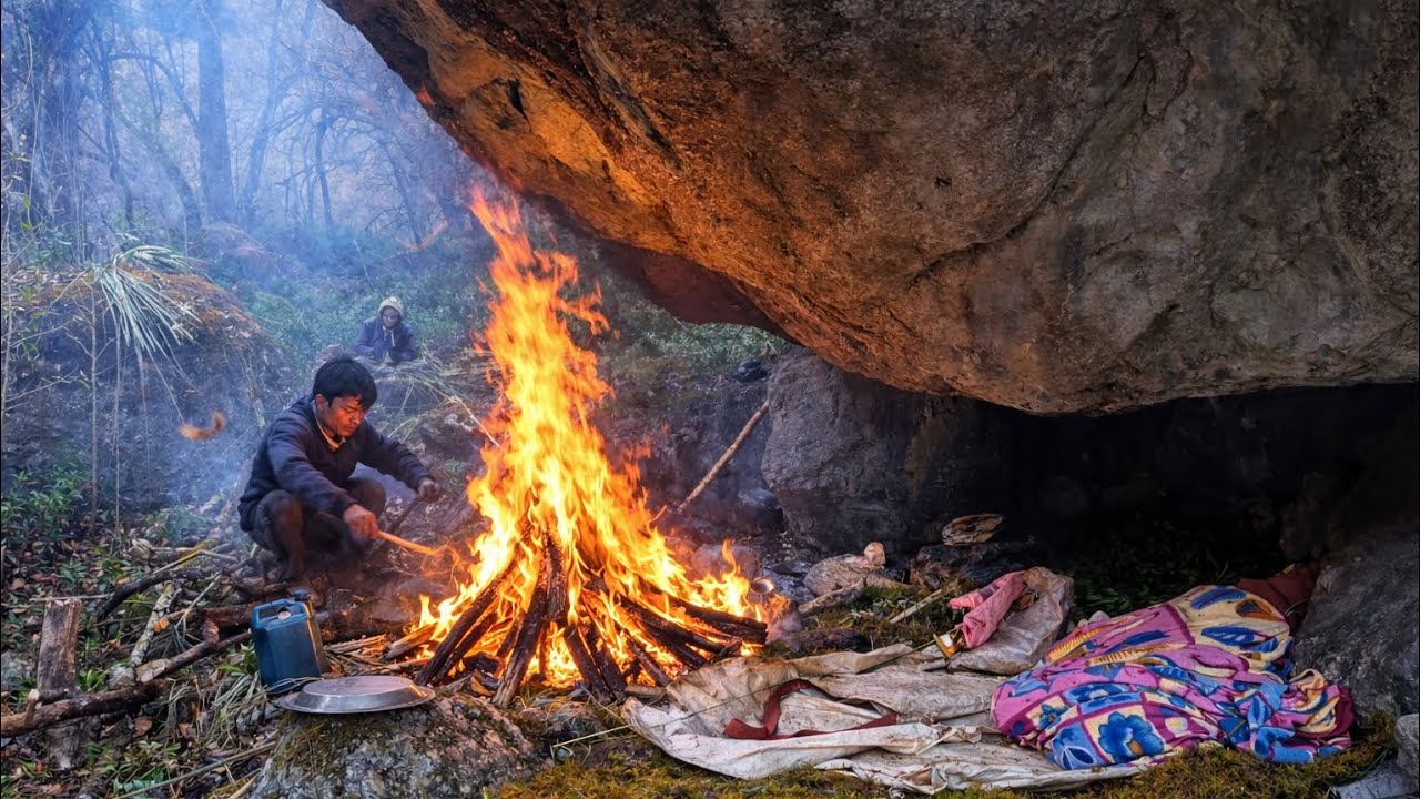 Poor Man Cooking Food on a Big Fire Under Rock Shelter | Real Rural Survival Life in Forest in nepal