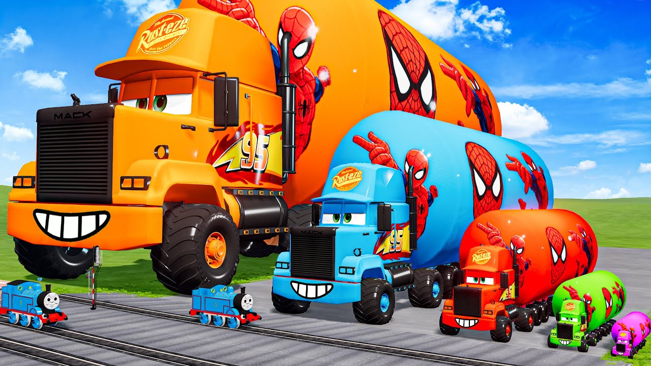 Big & Small Long Mack Truck with Tanker Spiderman vs Trains Thomas | BeamNG.Drive