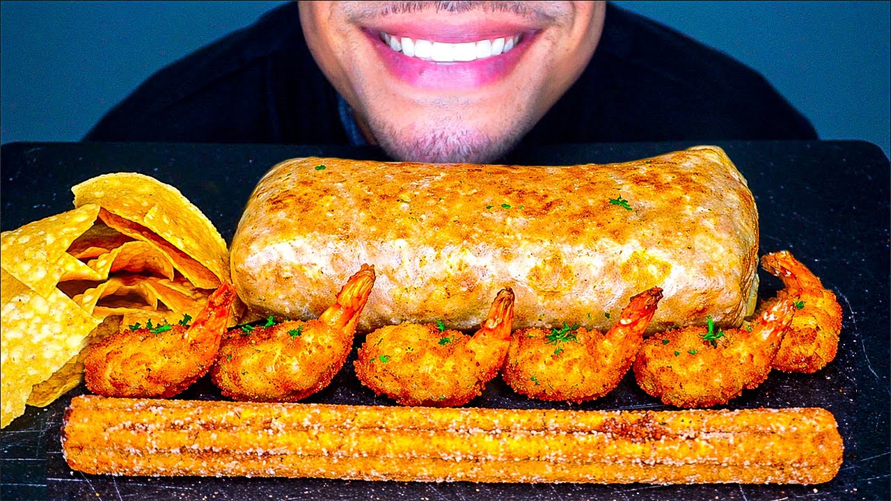 ASMR GIANT MEXICAN SHRIMP BURRITO PLATTER | EXTRA CRUNCHY SHRIMP CHURRO BIG BITES | NO TALKING MUKBA