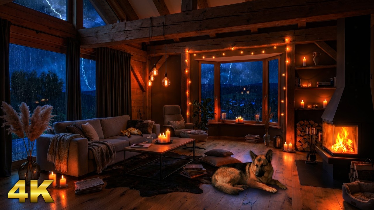 Thunderstorm, Rain & Quiet Fireplace in a Cozy Cabin ⛈️ Safe with Sleeping Pets