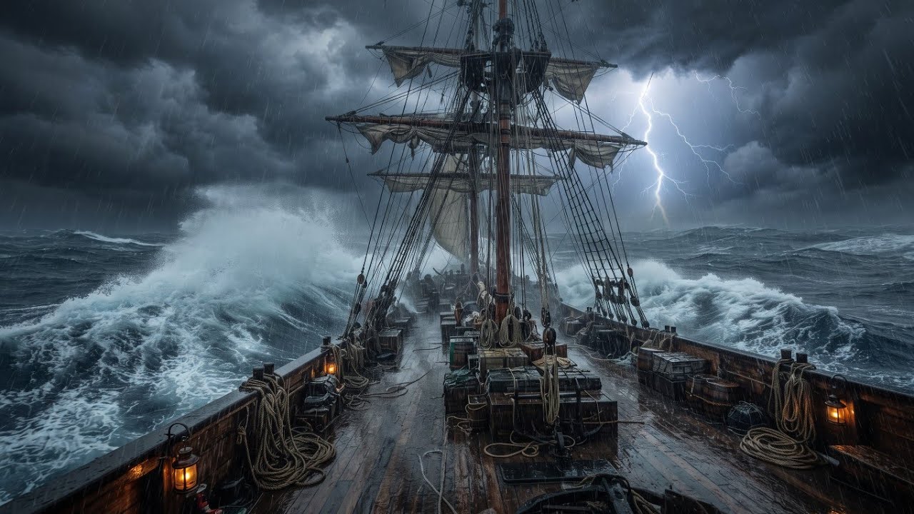 ASMR Ocean Storm on an Old Wooden Cargo Ship 🌊⚓ Heavy Rain, Thunderstorm Waves sound