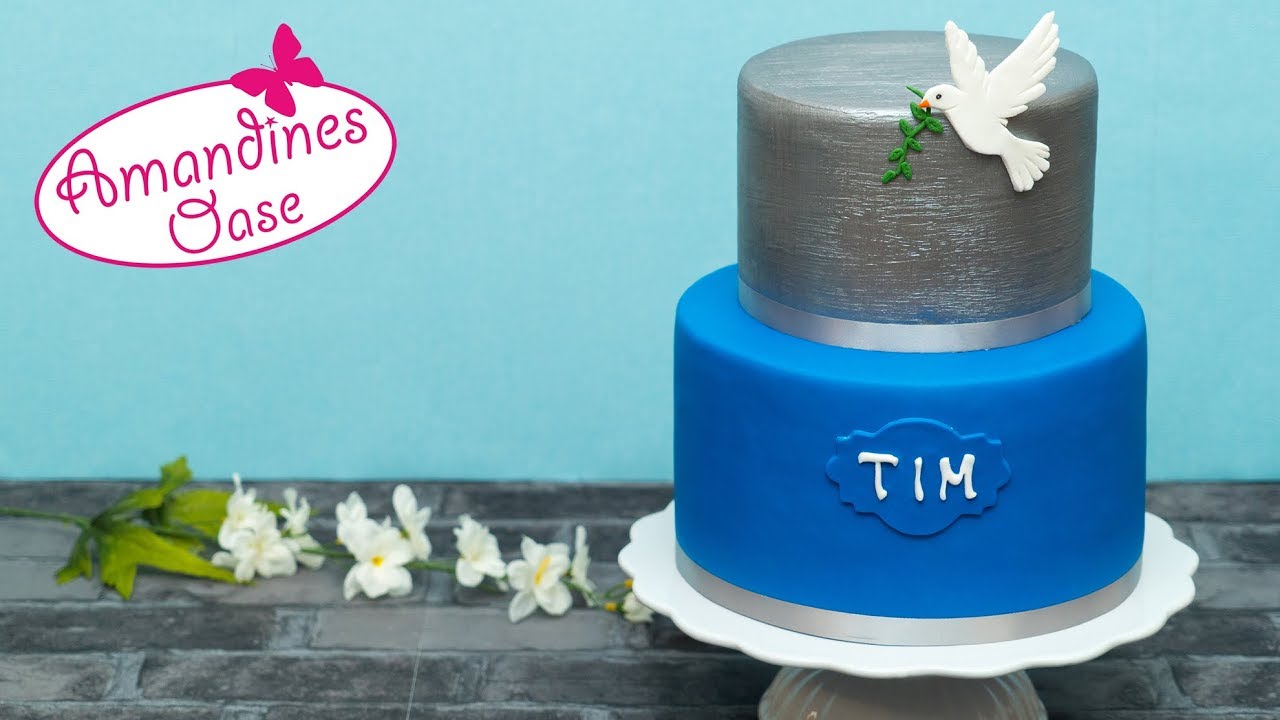 Konfirmationstorte für Tim | mit silberner Torte und Friedenstaube - Fondanttorte selber backen