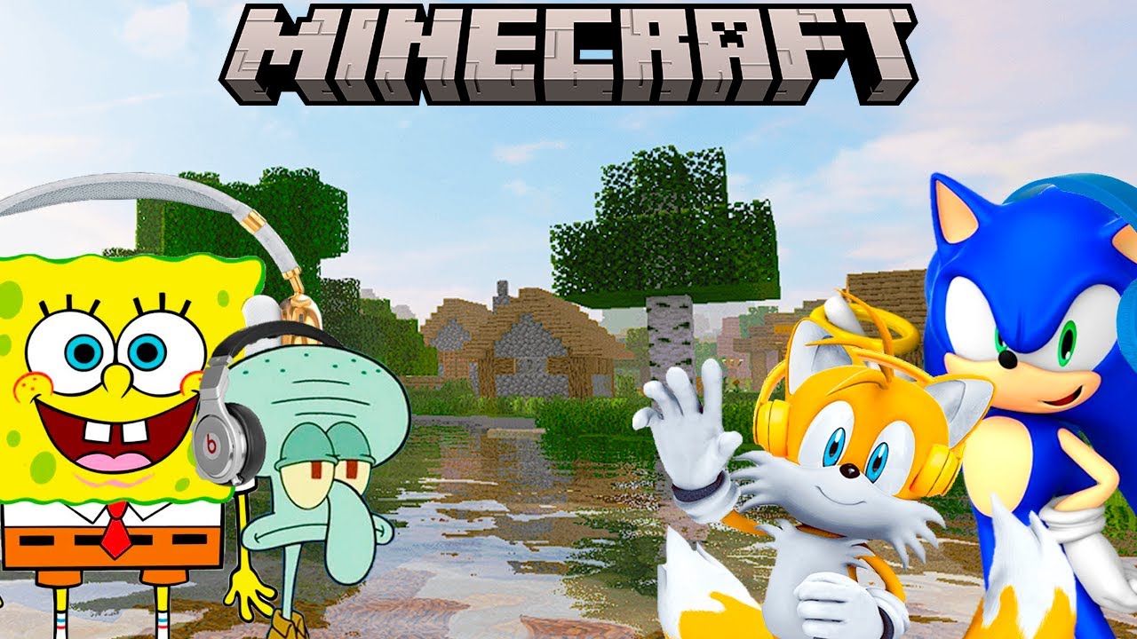 Губка Боб Квадратные Штаны и Соник Ёж играют в Minecraft