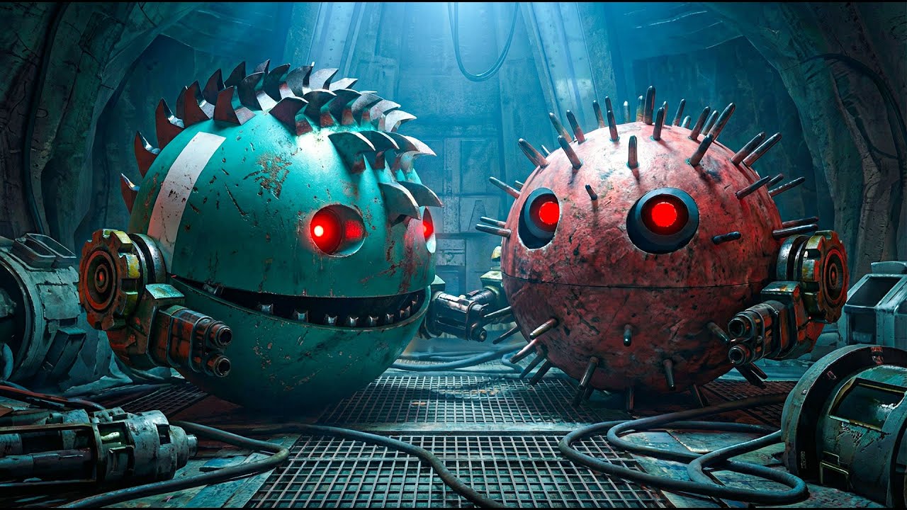 Pacman and Walking Robot Blade Enter a Giant Robot Maze Full of Traps and Smart Machines
