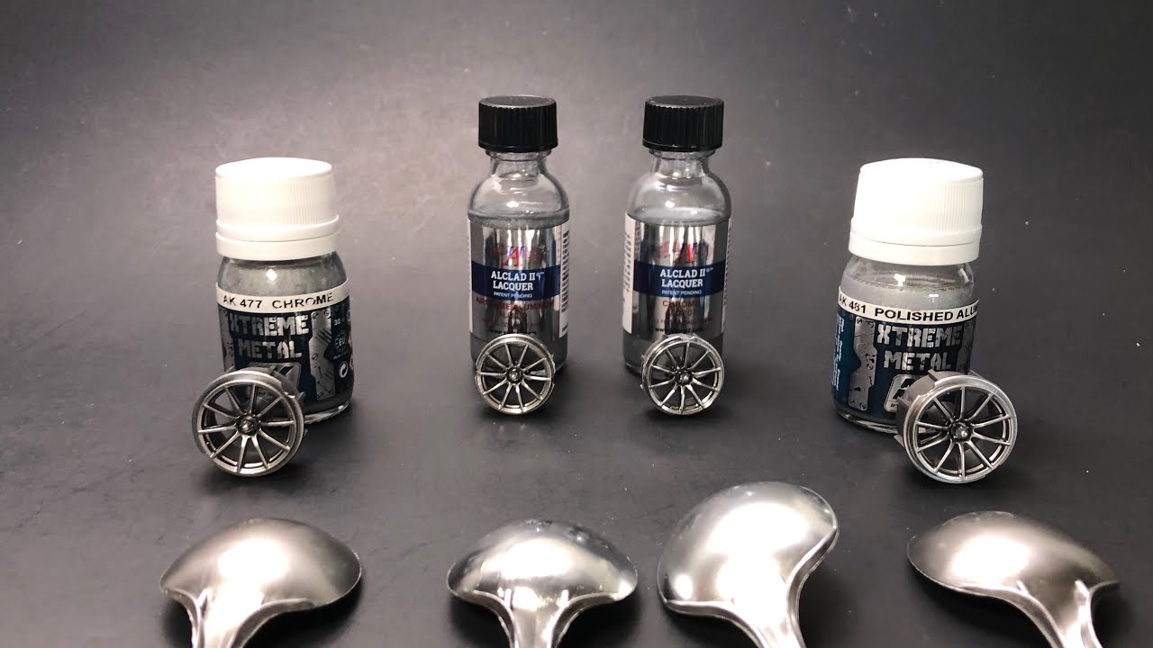 Alclad II vs AK Xtreme Metal Chrome and Polished Aluminum for model car rims paint test comparison